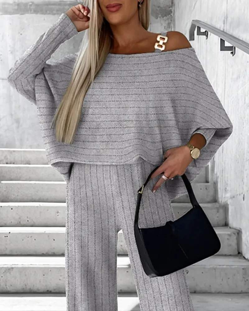 RIBBED COLD SHOULDER TOP PANTS SET