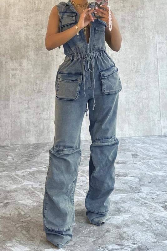 DENIM SLEEVELESS HOODIES CARGO JUMPSUITS