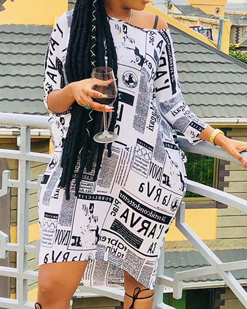 One Shoulder News Paper Print Casual Dress