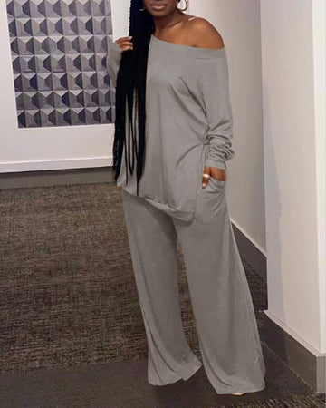 Matching Set: Relaxed Fit Off Shoulder Top & Pants