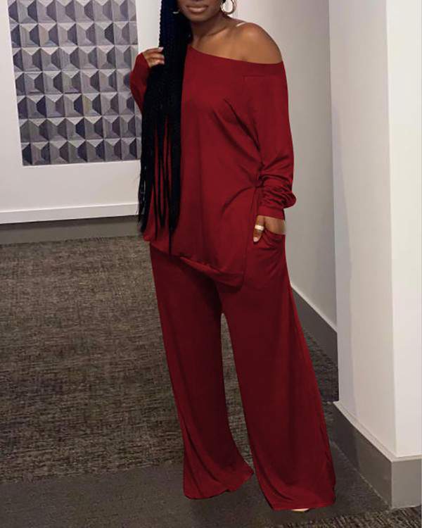 Matching Set: Relaxed Fit Off Shoulder Top & Pants