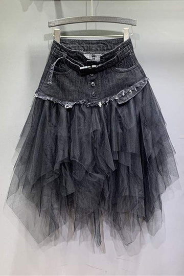 RUFFLES MESH DENIM SKIRT