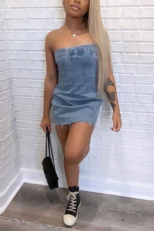 DENIM TUBE PENCIL MINI DRESS