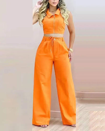 ZIPPER DESIGN SLEEVELESS CROP TOP DRAWSTRING PANTS SET