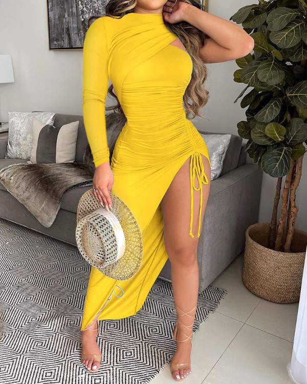 Cutout Ruched Dress with High Slit