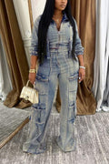 WASHED DENIM JACKETS CARGO PANT SETS