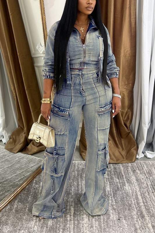 WASHED DENIM JACKETS CARGO PANT SETS