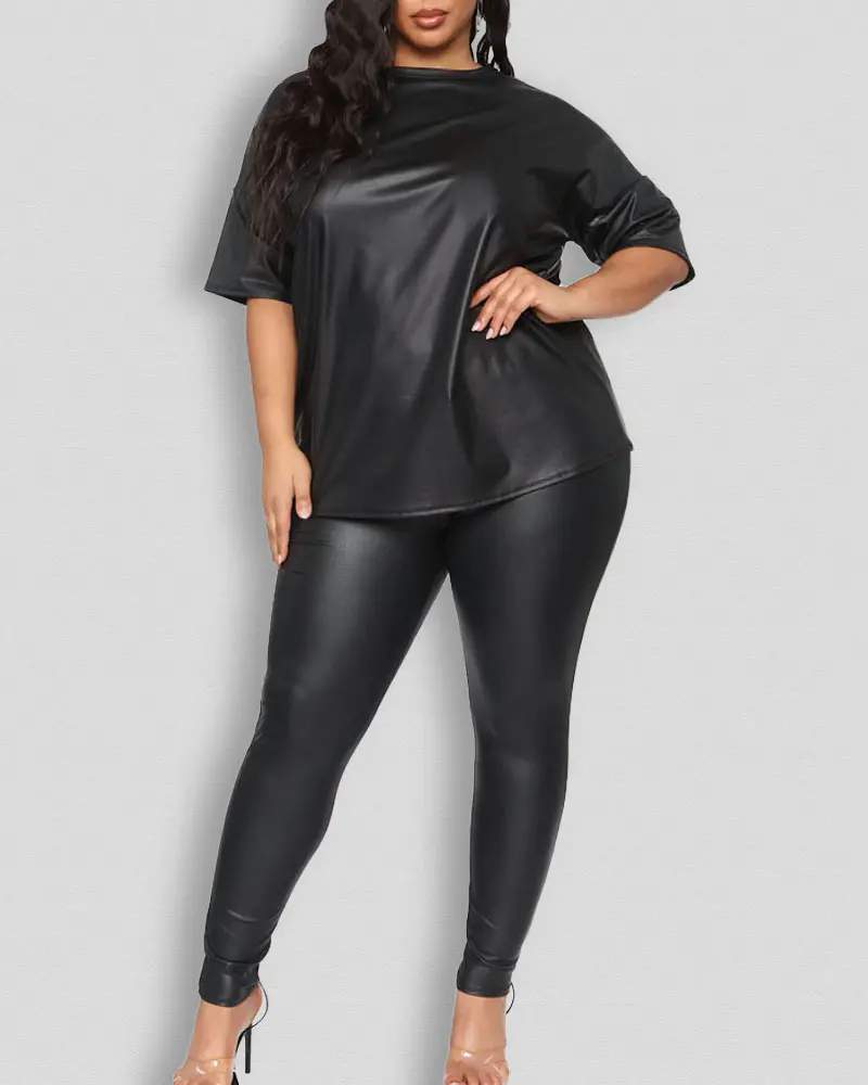 PLUS SIZE PU LEATHER SHORT SLEEVE TOP PANTS SET