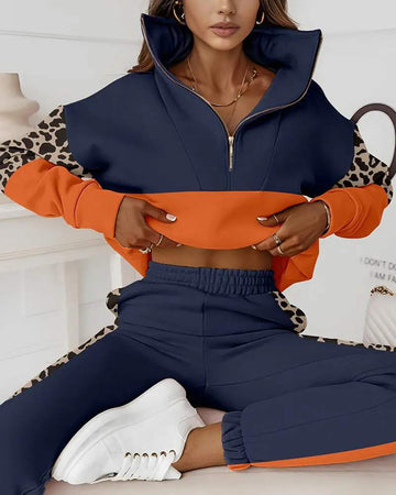COLORBLOCK LEOPARD PRINT ZIPPER DESIGN SWEATSHIRT SWEATPANTS SET