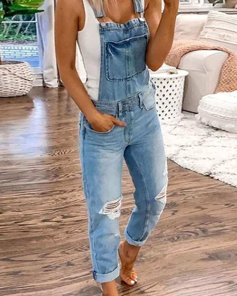 RIPPED POCKET DESIGN DENIM SUSPENDER JUMPSUIT