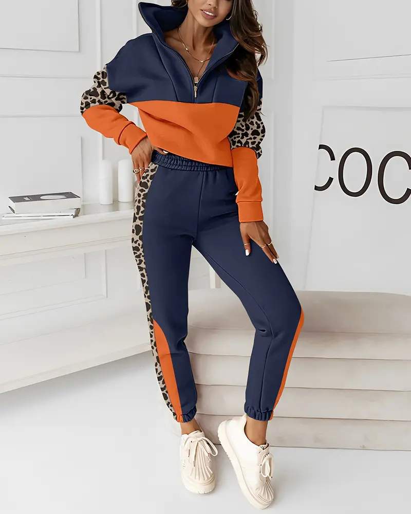 COLORBLOCK LEOPARD PRINT ZIPPER DESIGN SWEATSHIRT SWEATPANTS SET