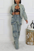 WASHED DENIM JACKETS CARGO PANT SETS