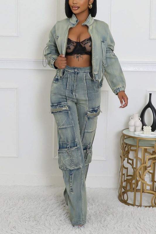 WASHED DENIM JACKETS CARGO PANT SETS