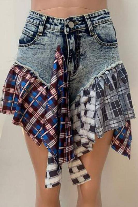 PLAID DENIM SHORTS