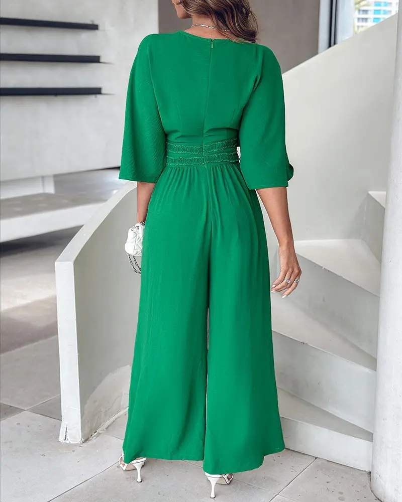 PLUNGE WIDE LEG RUCHED JUMPSUIT