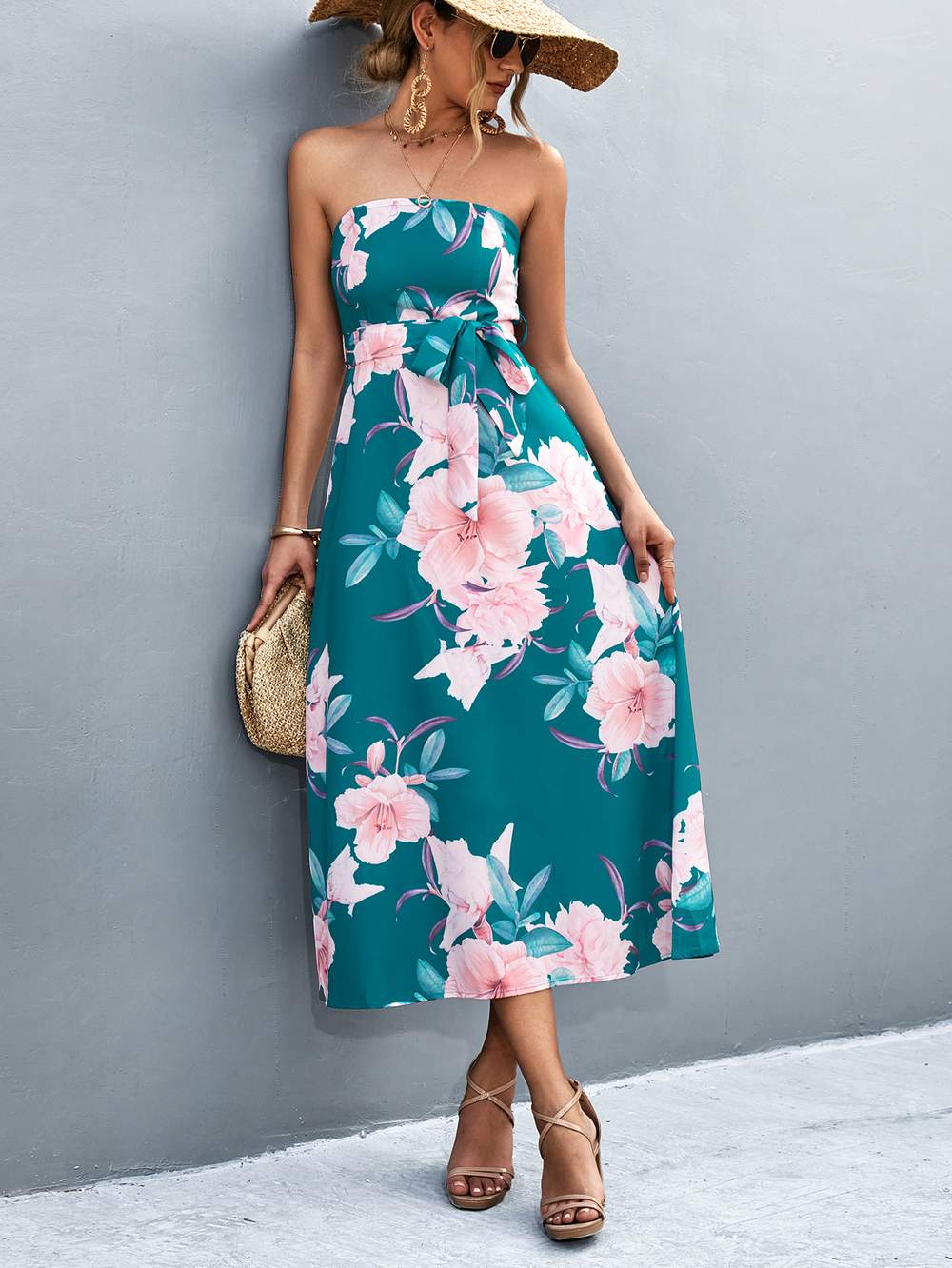 Green Floral Belted Strapless Midi Dress