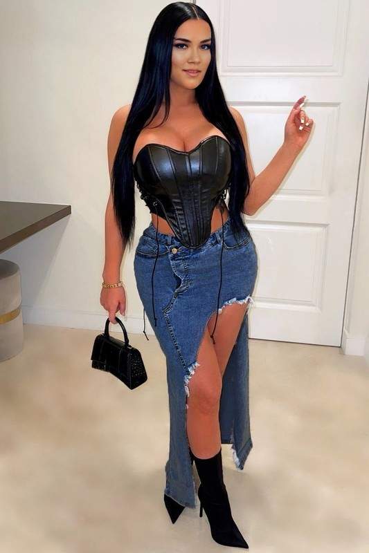 Fashionable Corset Top with Denim Skirt