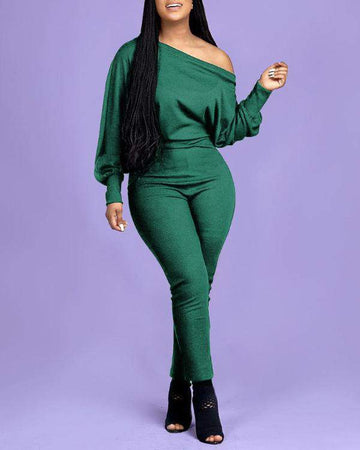 PLUS SIZE RIBBED LANTERN SLEEVE SKINNY JUMPSUIT