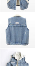 LAMB WOOL FLEECE LINED THICKENED PATCH DENIM VEST   WAISTCOAT
