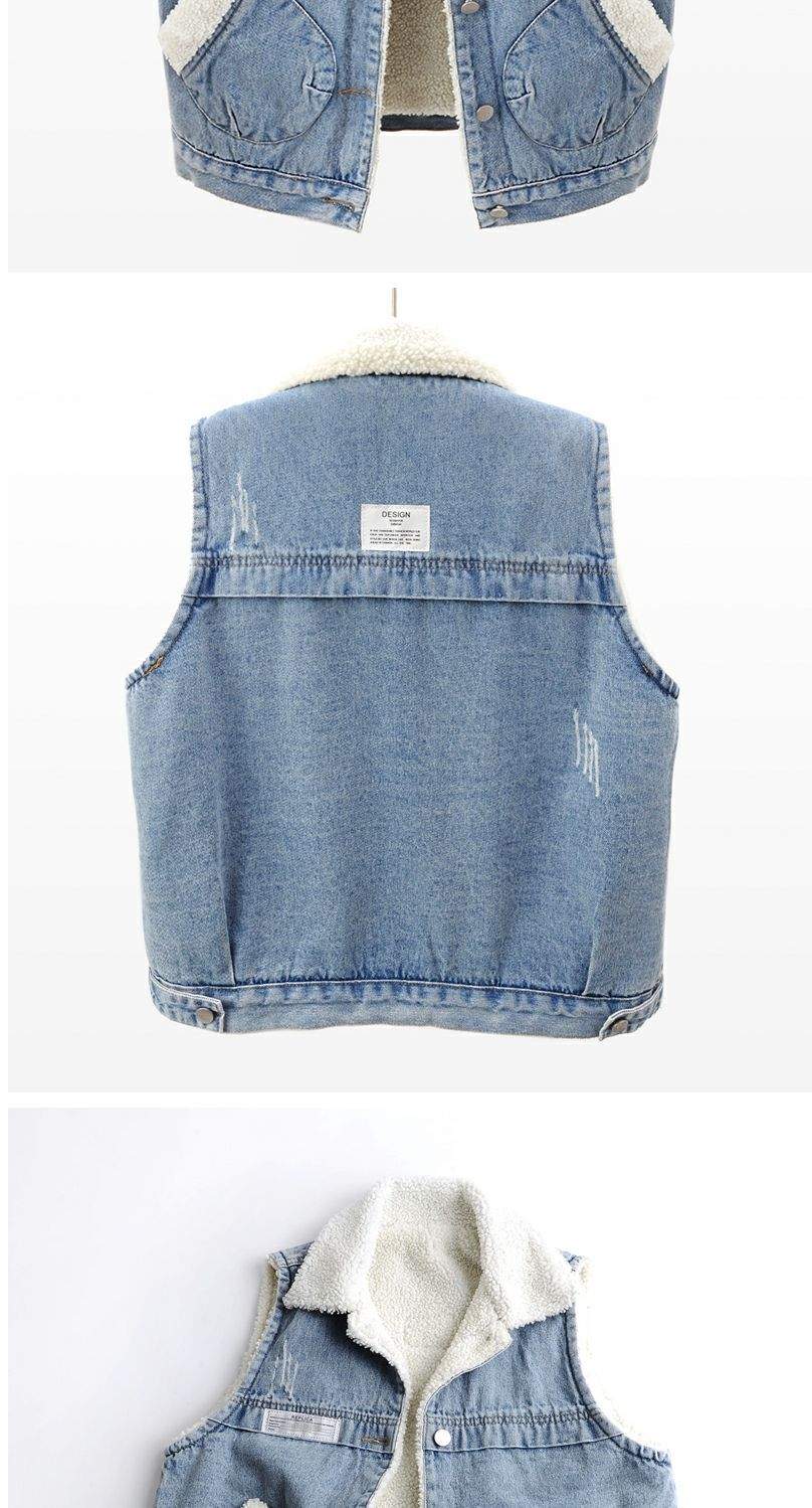 LAMB WOOL FLEECE LINED THICKENED PATCH DENIM VEST   WAISTCOAT