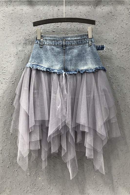 RUFFLES MESH DENIM SKIRT