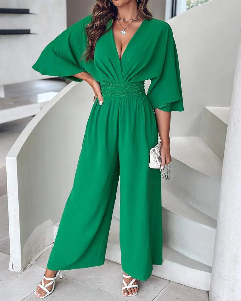 PLUNGE WIDE LEG RUCHED JUMPSUIT