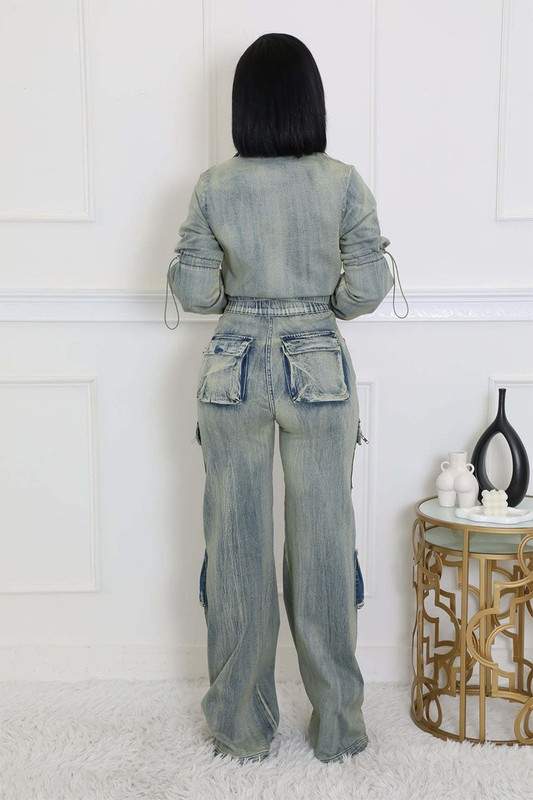 WASHED DENIM JACKETS CARGO PANT SETS