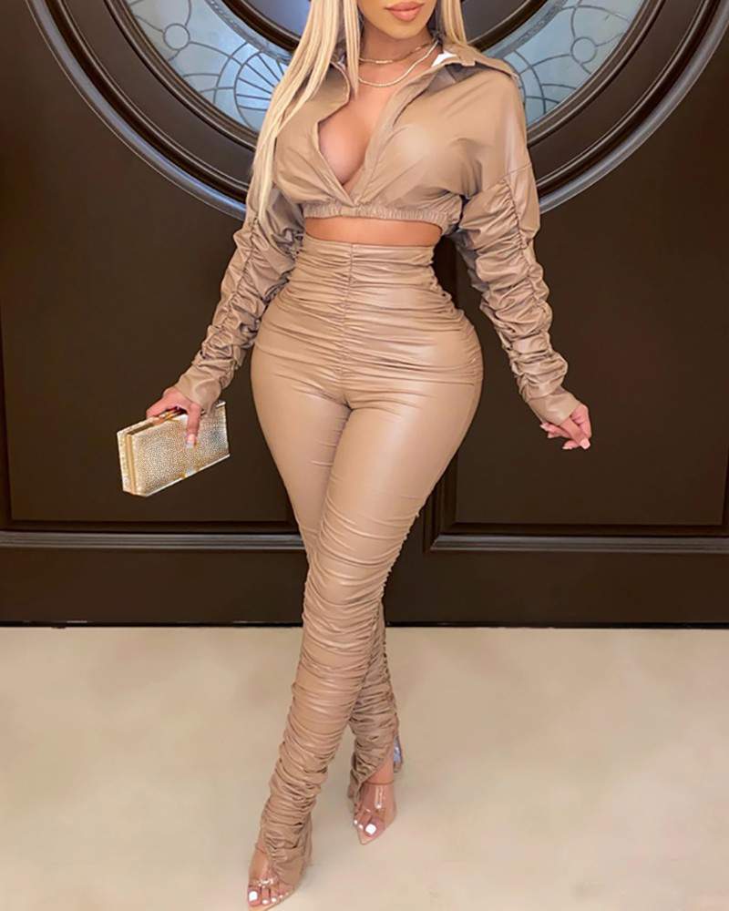 PU Leather Ruched Crop Top High Waist Pants Set