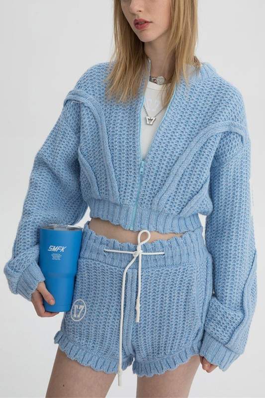 ZIP UP SWEATER JACKET AND SHORTS SET