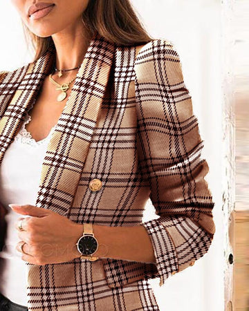 Notched Neck Plaid Doublebreasted Blazer