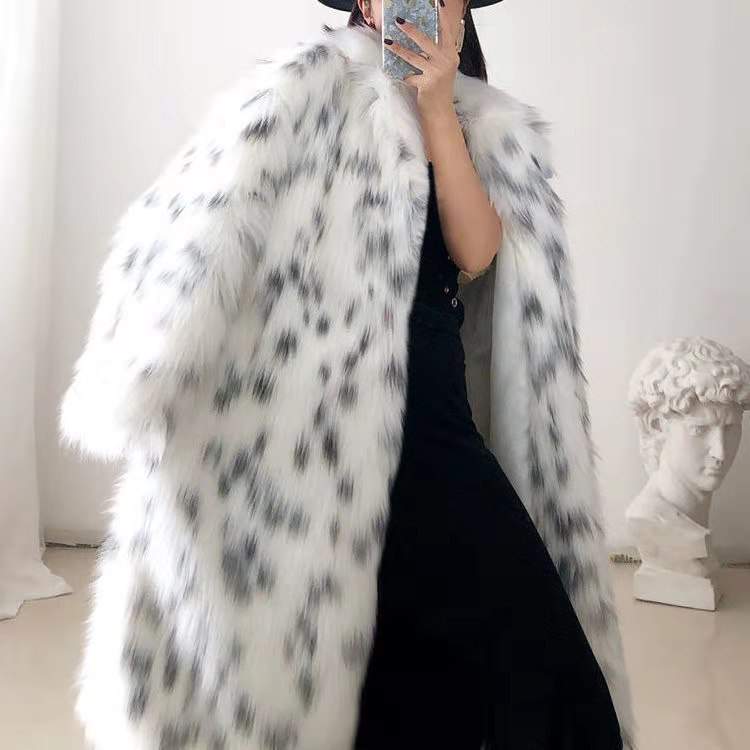 BOBCAT LEOPARD PRINT FUR WOMEN S LONG YOUNG LAPEL FOX FUR COAT