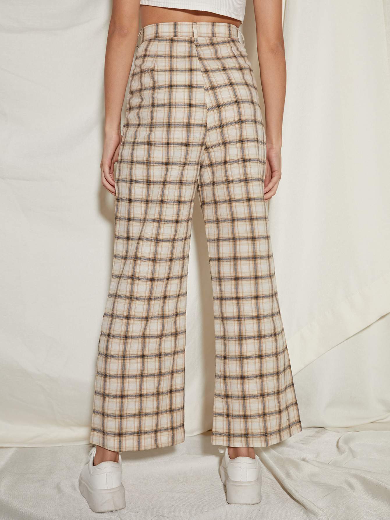 BUTTON WAIST SLANT POCKET PLAID WIDE LEG PANTS