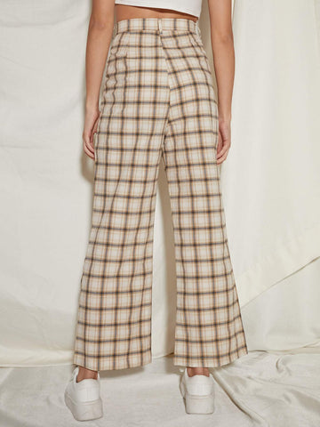 BUTTON WAIST SLANT POCKET PLAID WIDE LEG PANTS
