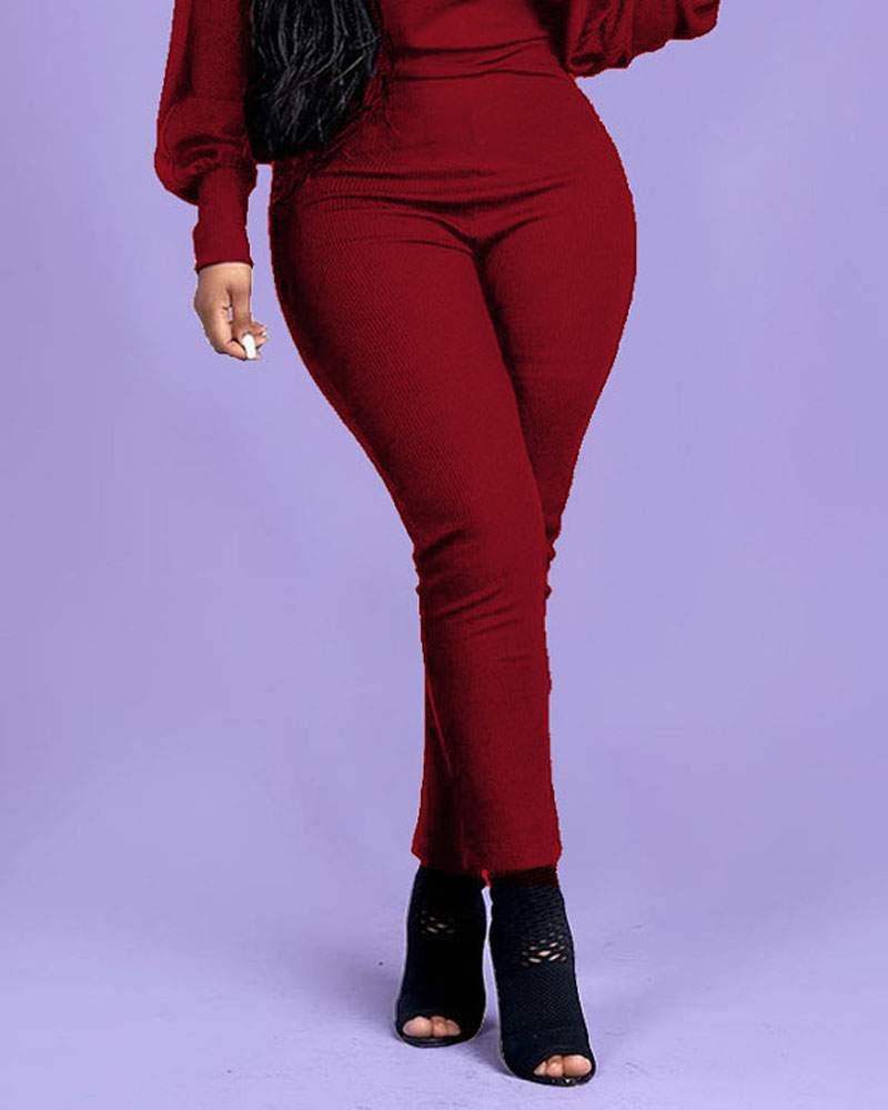 PLUS SIZE RIBBED LANTERN SLEEVE SKINNY JUMPSUIT