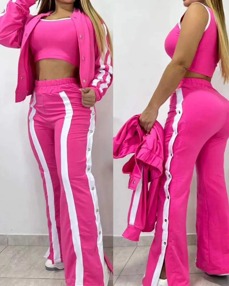 CONTRAST PANELED TANK TOP BUTTONED PANTS SET WITH COAT