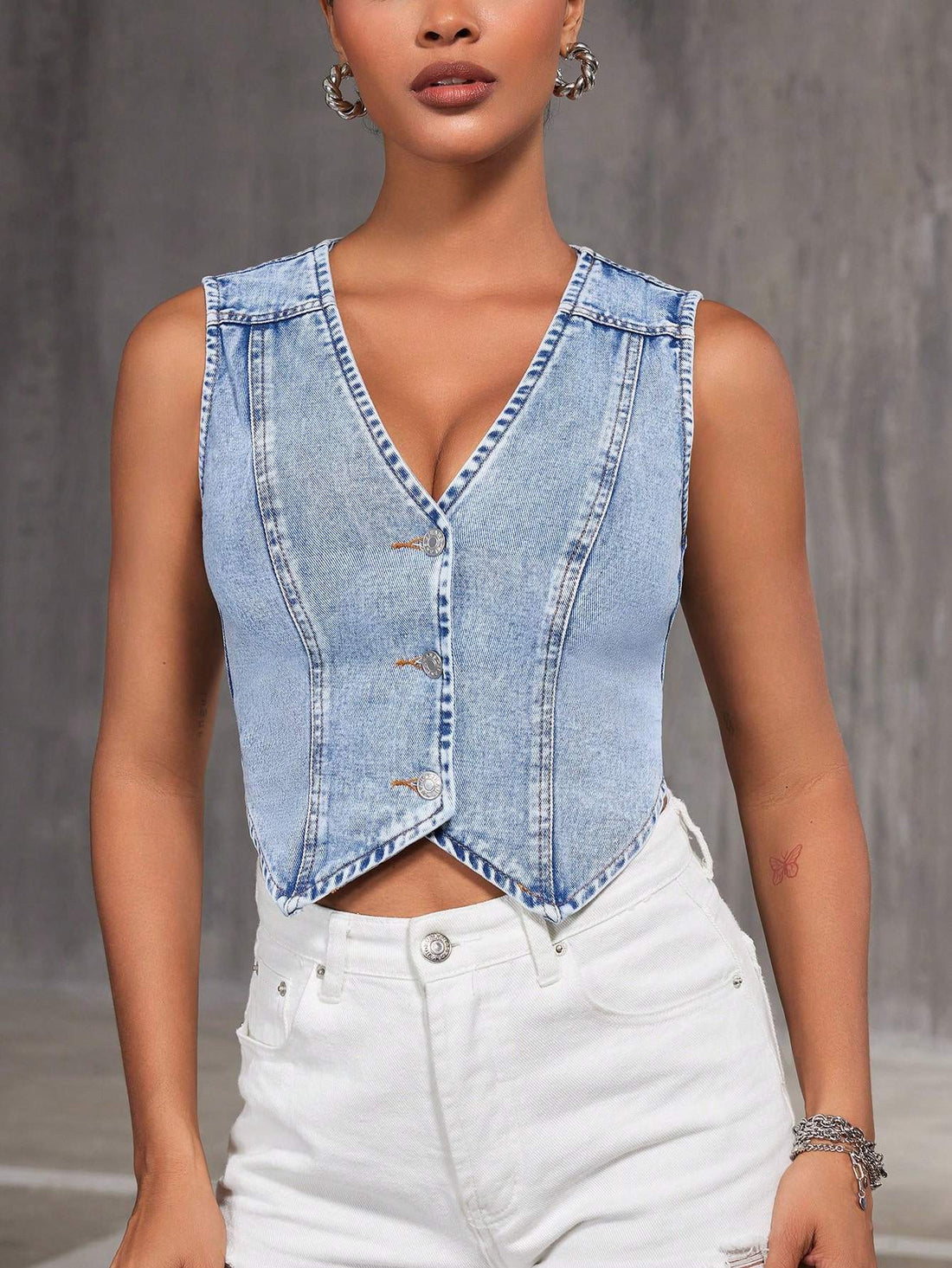 Fitted Denim Vest, Button-Up Sleeveless Top