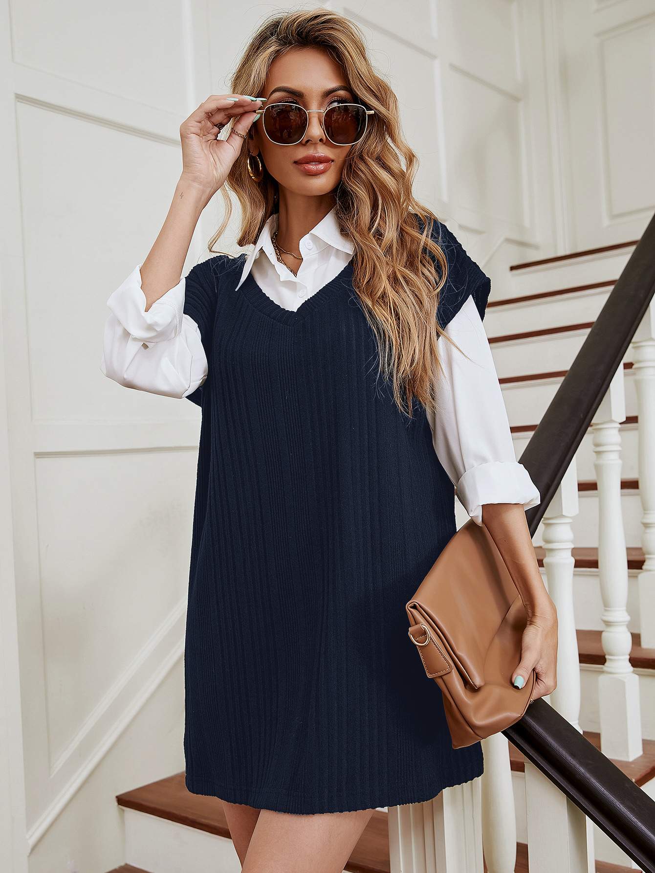 V NECK RIBBED KNIT DRESS VEST