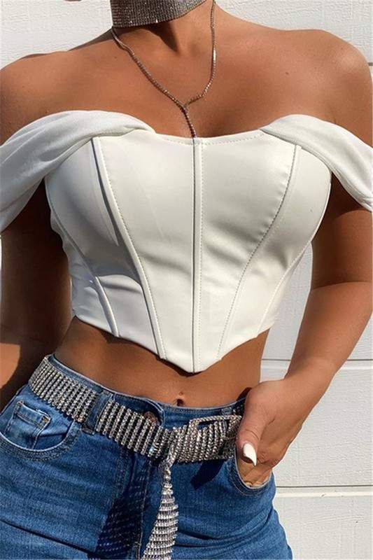OFF SHOULDER SLIM BUSTIER CROP HALTER TOPS