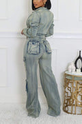 WASHED DENIM JACKETS CARGO PANT SETS