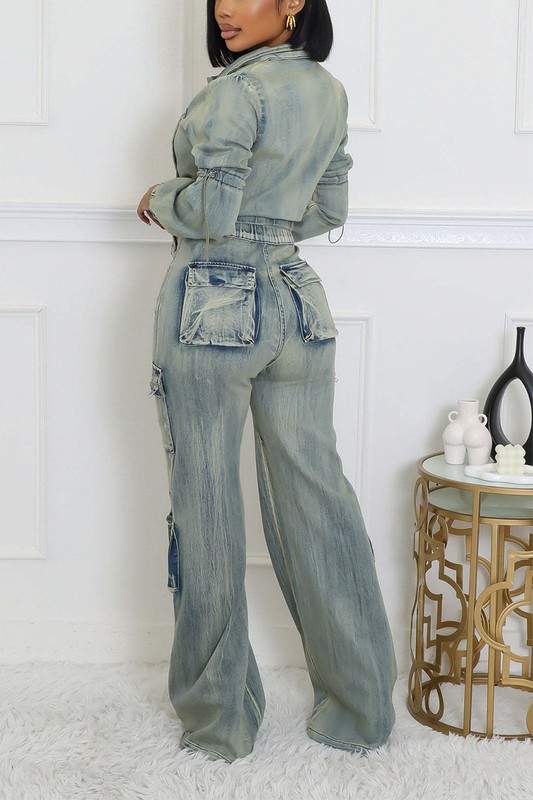 WASHED DENIM JACKETS CARGO PANT SETS