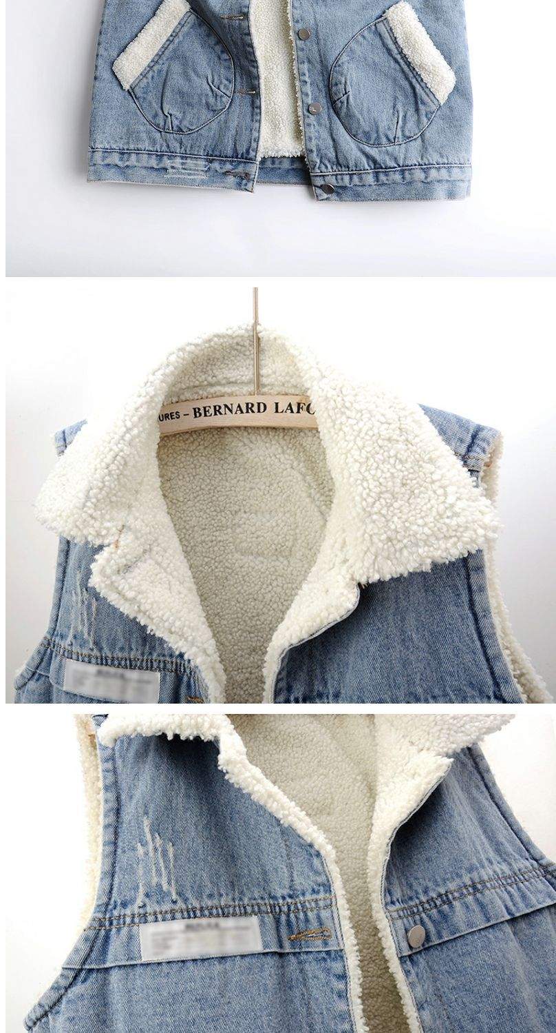 LAMB WOOL FLEECE LINED THICKENED PATCH DENIM VEST   WAISTCOAT