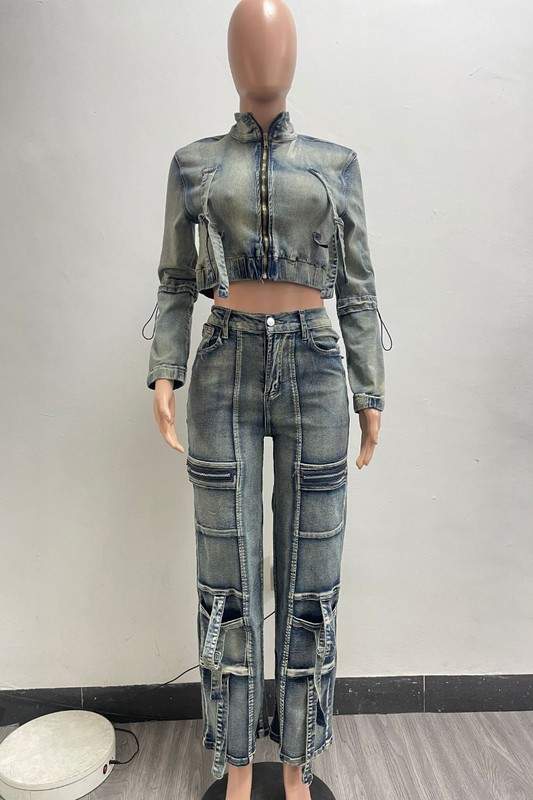 WASHED DENIM JACKETS CARGO PANT SETS