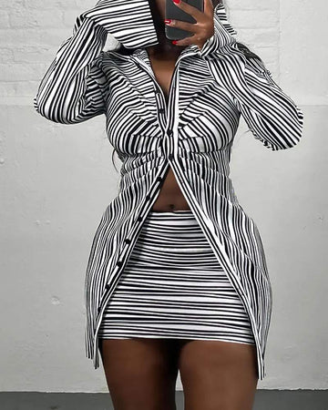 STRIPED RUCHED LONG SLEEVE TOP SKIRT SET