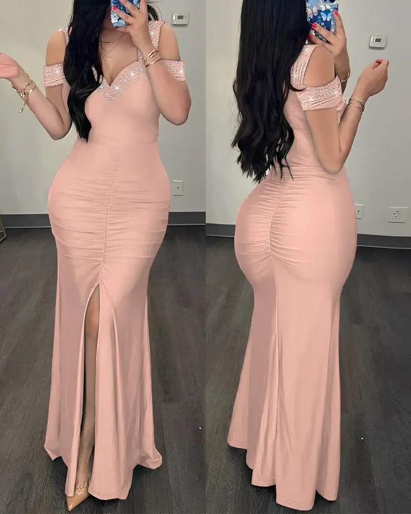 RHINESTONE COLD SHOULDER SLIT RUCHED PARTY DRESS