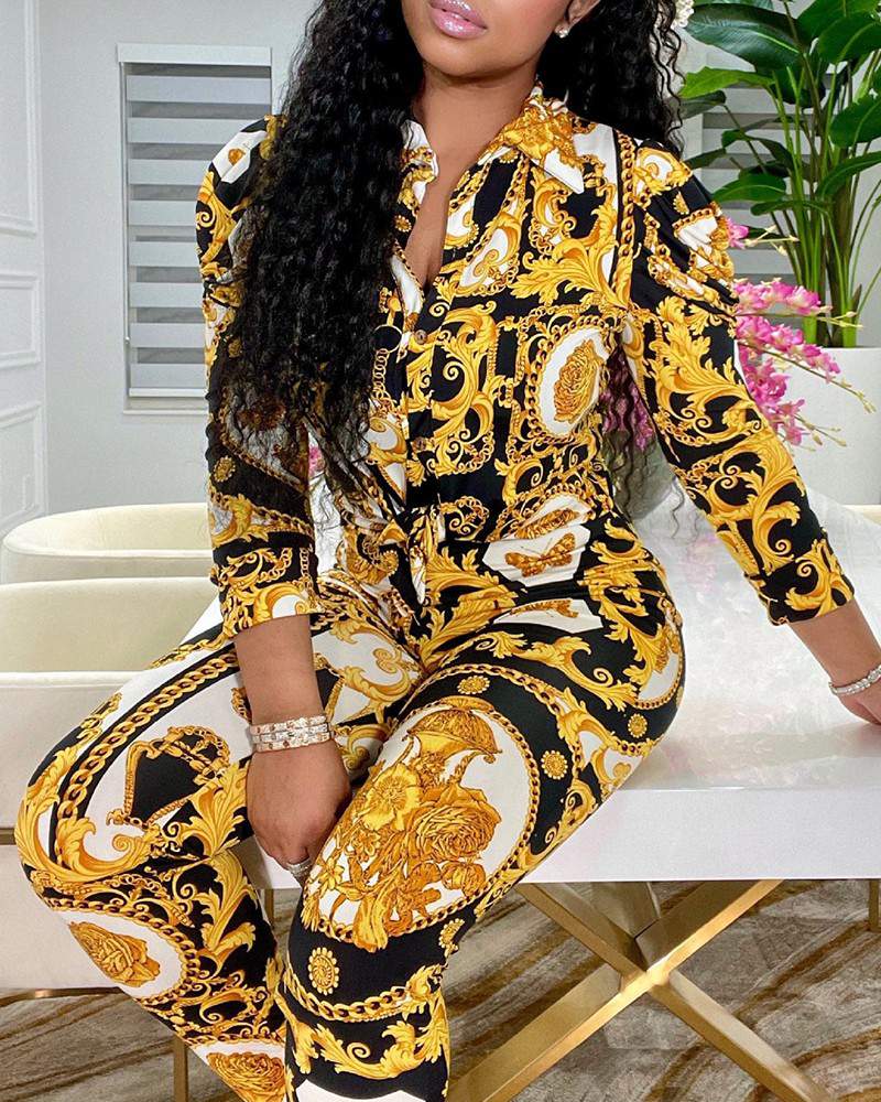 Scarf Print Draped Detail Button Up Top Skinny Pants Set
