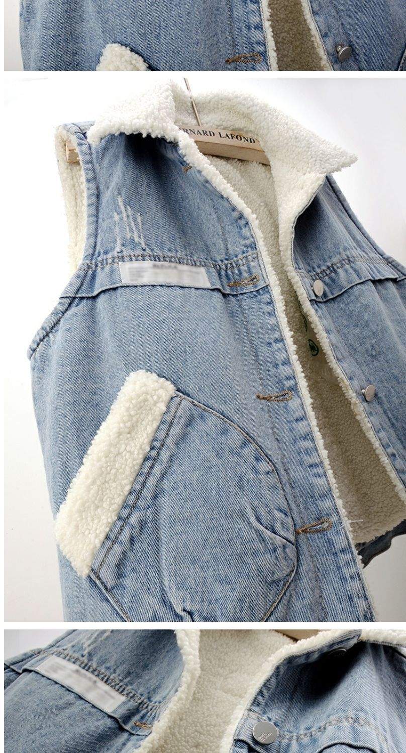 LAMB WOOL FLEECE LINED THICKENED PATCH DENIM VEST   WAISTCOAT