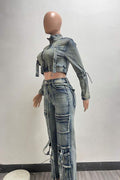 WASHED DENIM JACKETS CARGO PANT SETS