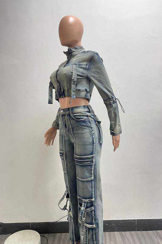 WASHED DENIM JACKETS CARGO PANT SETS