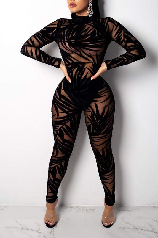 MESH VELOUR GRAPHIC JUMPSUITS