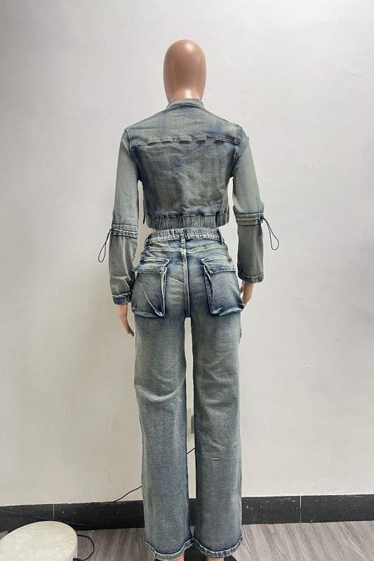 WASHED DENIM JACKETS CARGO PANT SETS